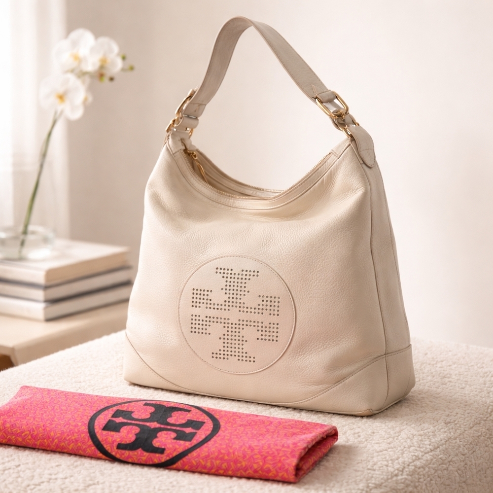 Tory Burch Cream Leather Perforated Logo Hobo With Dust Bag LIKE NEW